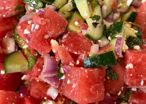 Watermelon feta salad with cucumber